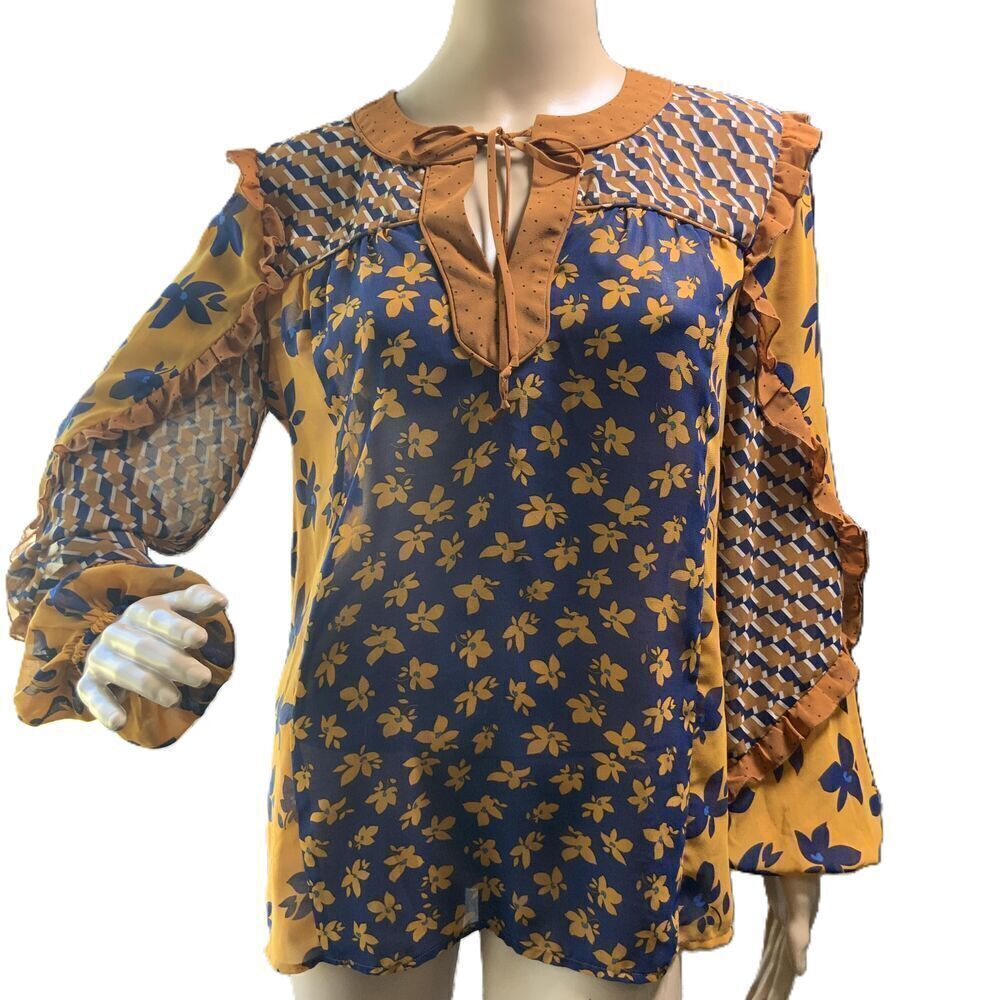 Cabi Blue Mustard Floral Long Sleeve Ruffled Tie Neck Harmony Blouse Size XS